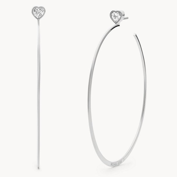Michael Kors Stainless Steel Hoop Earring Silver-tone Heart Stud Crystal - Picture 1 of 5